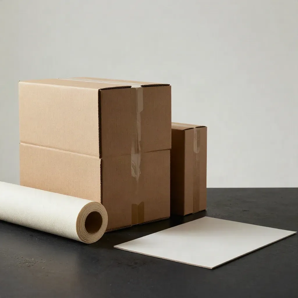 Scatola in cartone kraft con inserti e carta da riempimento su superficie scura.