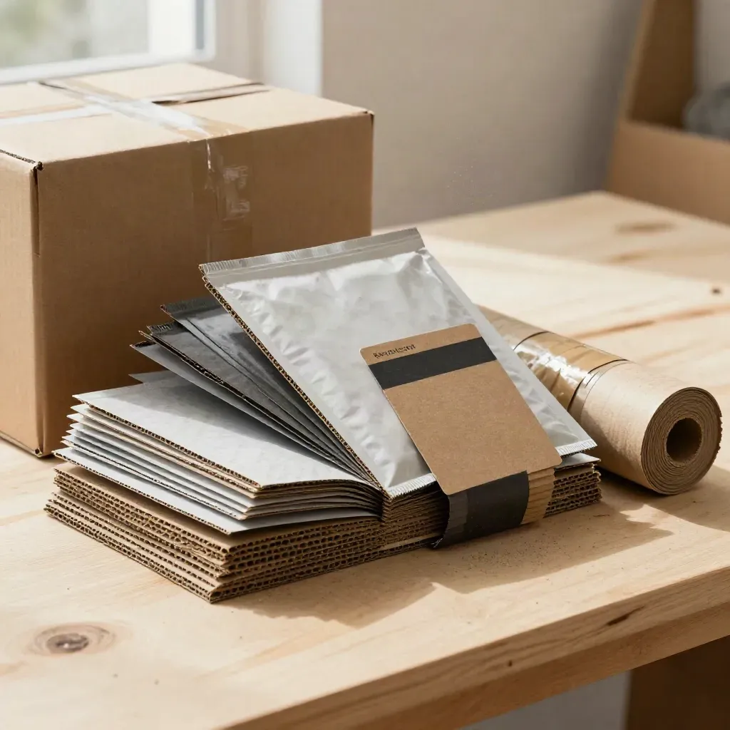 Kit di scatole, buste e inserti in cartone su banco da imballaggio, luce morbida laterale.