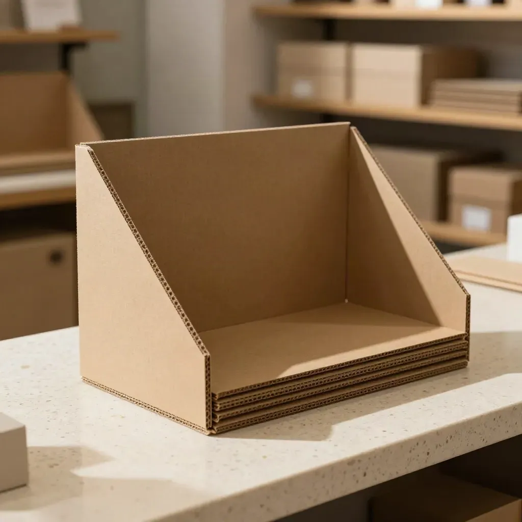 Espositore banco kraft semi-assemblato su banco in travertino, luce calda laterale