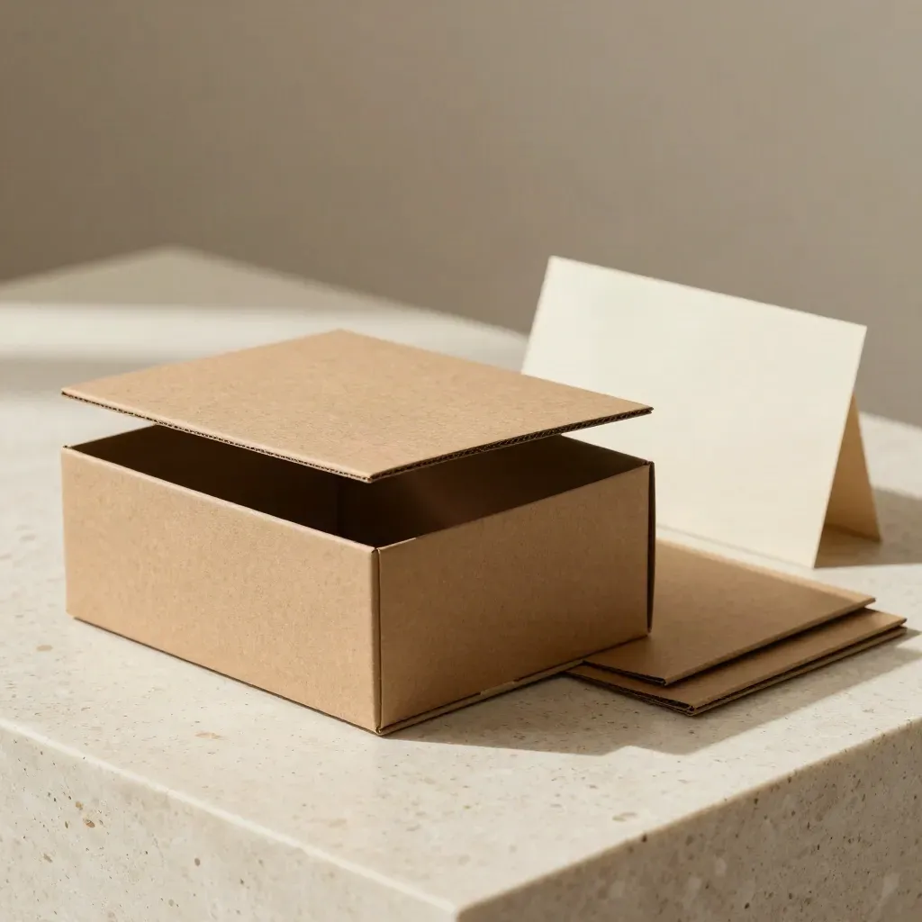 Scatola archivio A4 in cartone kraft con coperchio sollevato e fondo in travertino chiaro.