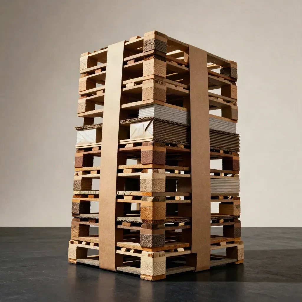 Torri di cartoni e inserti su pallet in studio, luce drammatica e atmosfera fumosa.