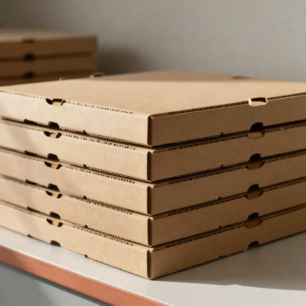 Impilata di scatole pizza kraft con un coperchio leggermente sollevato e luce radente.