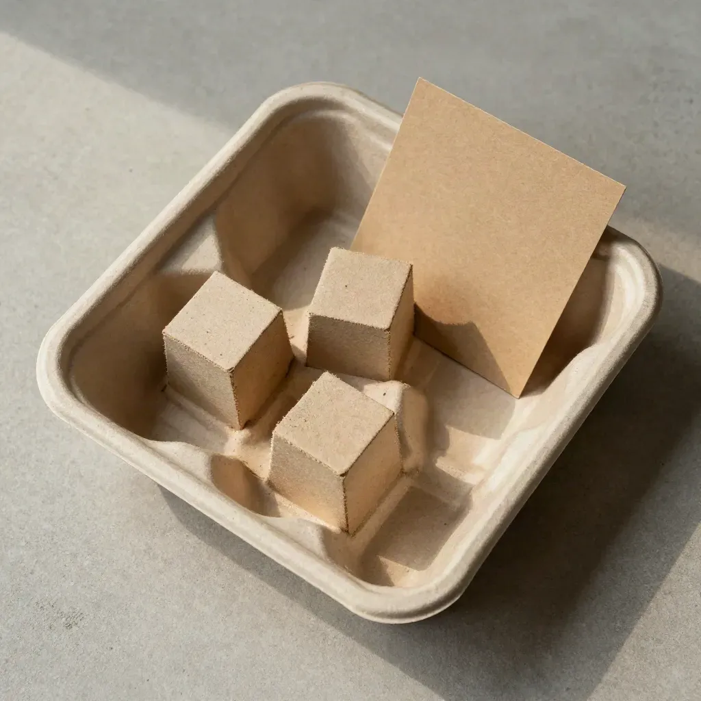 Inserto in pasta carta, due blocchi e liner kraft in flat lay preciso su lastra di cemento.