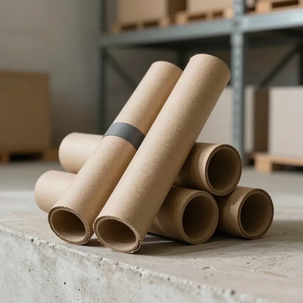 Tubi di cartone kraft in magazzino luminoso con carta arrotolata e atmosfera soffusa.