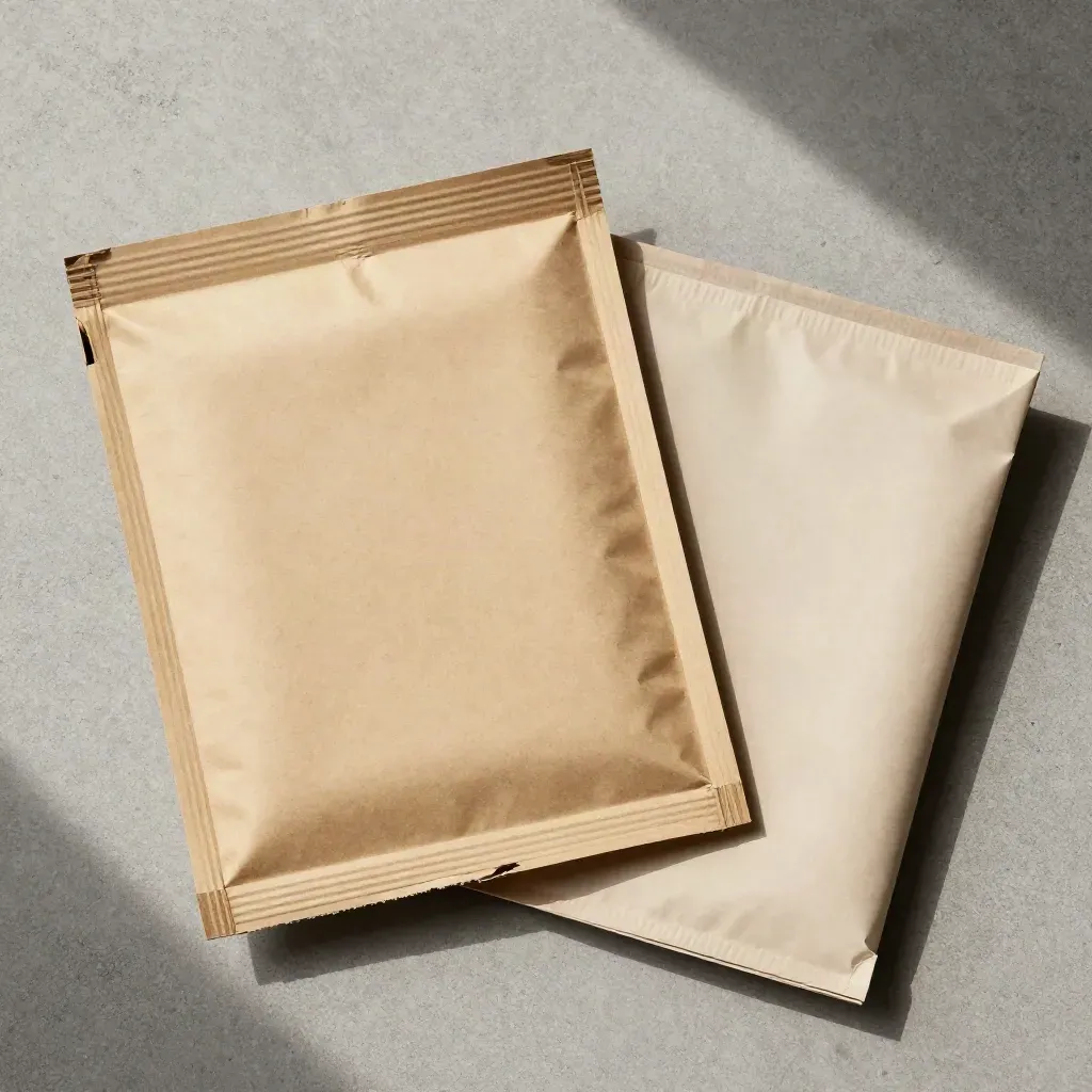 Busta antiurto rigida con inserto ammortizzato e sleeve piegata su pietra chiara.